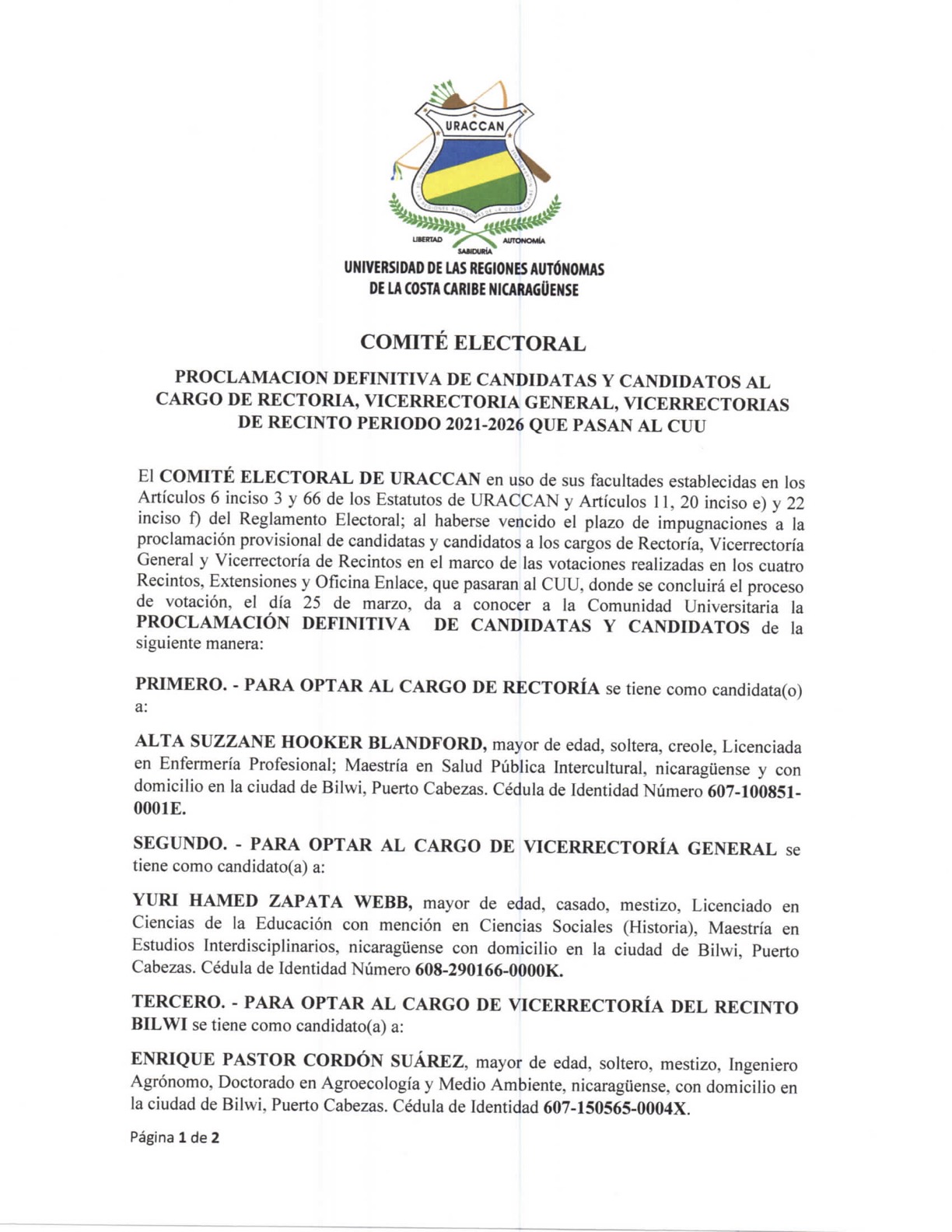 Proclamación definitiva Candidatas y Candidatos al CUU
