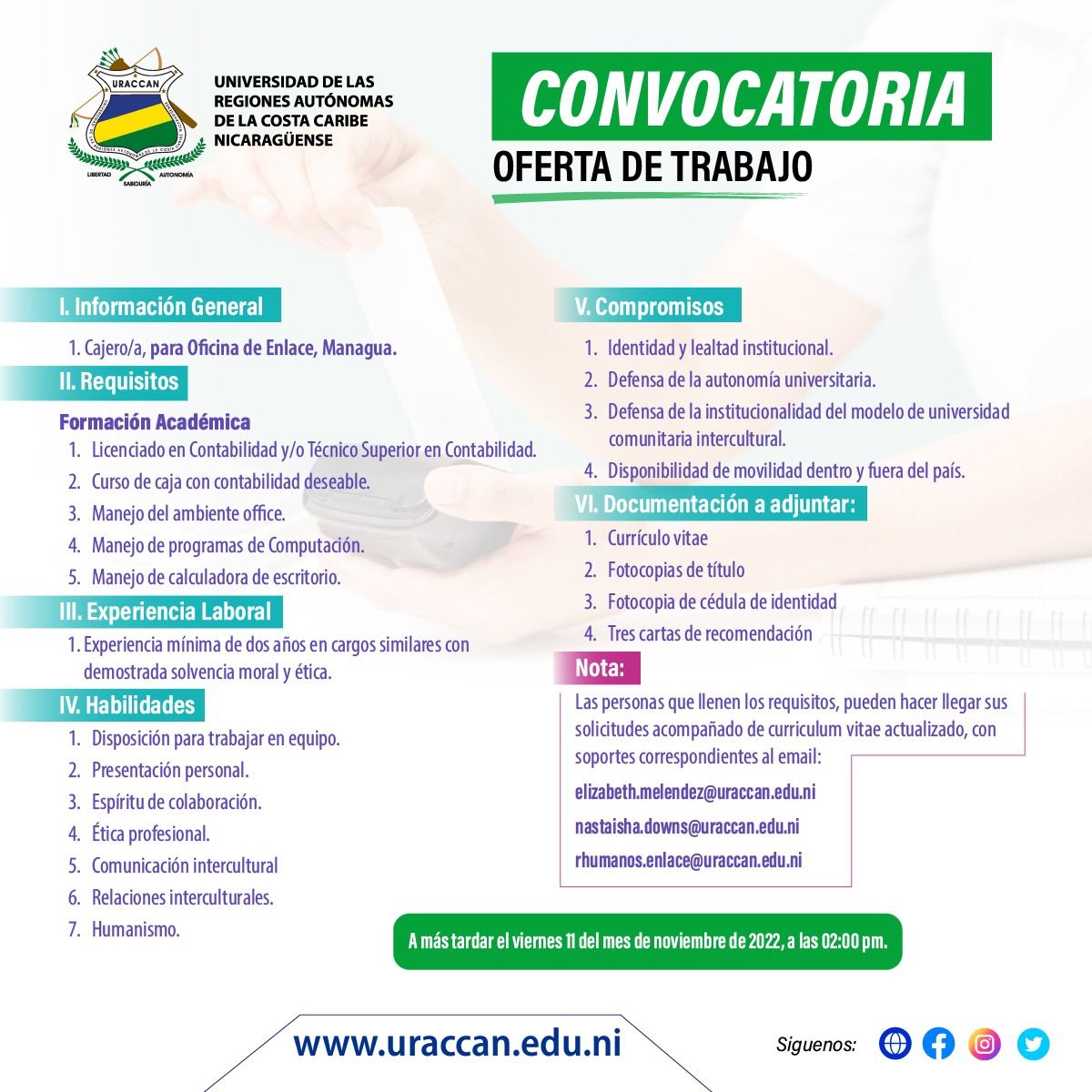 Licitación para el cargo denominado Cajero/a para Oficina de Enlace, Managua